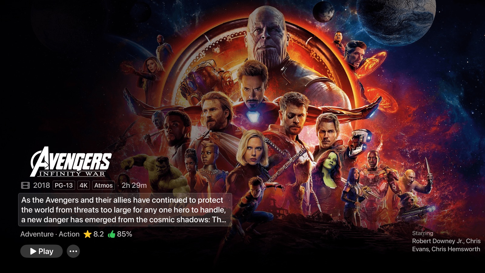 Playfyn detail page for Avengers: Infinity War with 4K and Atmos badges, rating, and Play