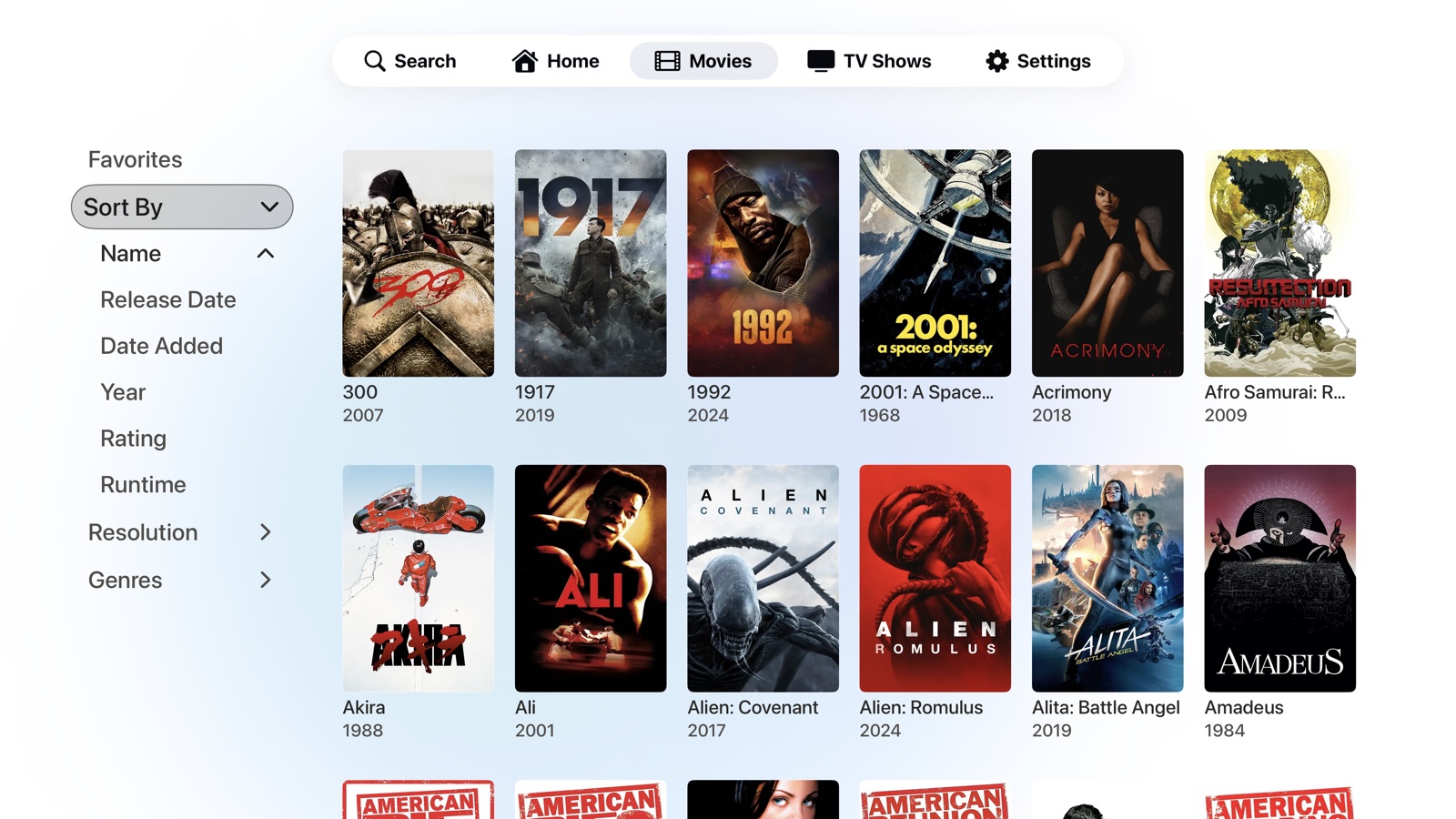 Playfyn movies library sorted alphabetically with the Sort By menu open