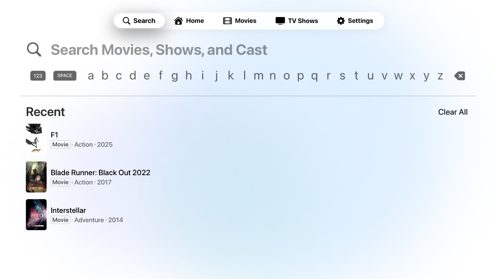 Playfyn search screen with an alphabet picker and recent results across movies and cast