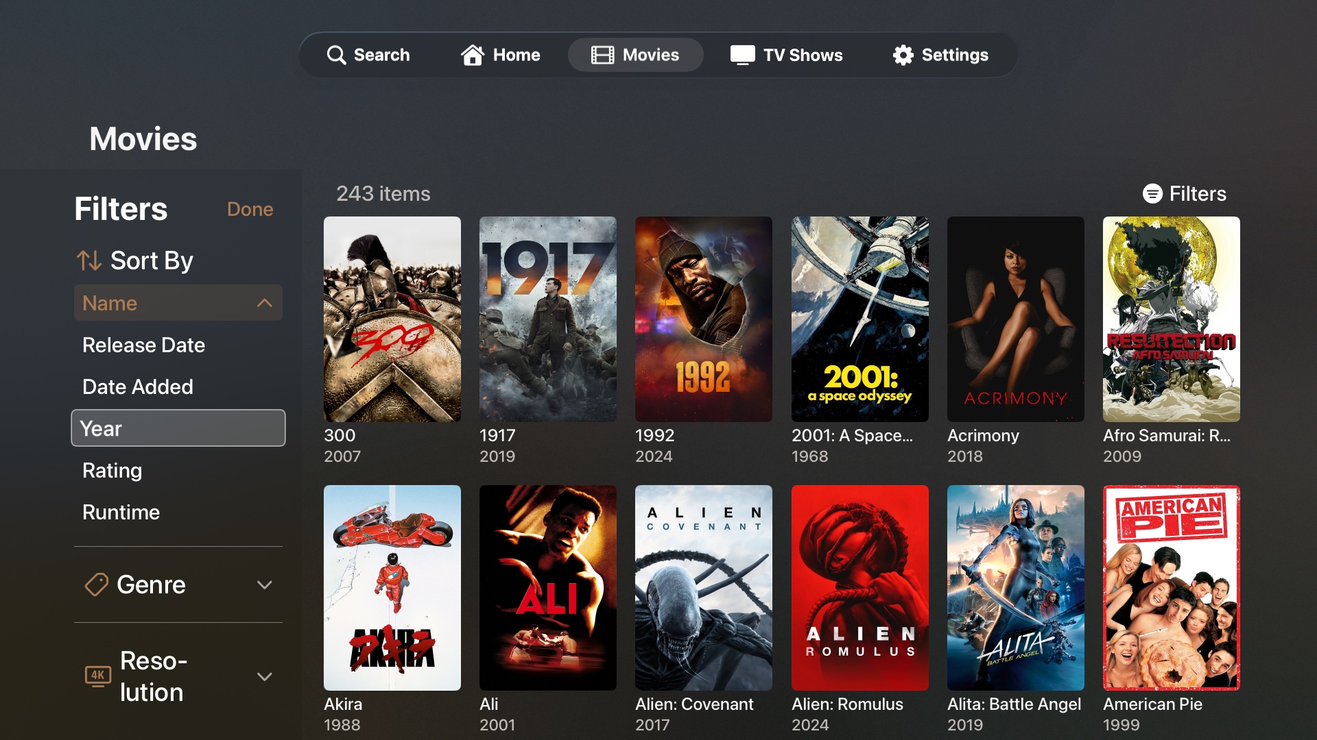 First build — movies grid with the filters panel open