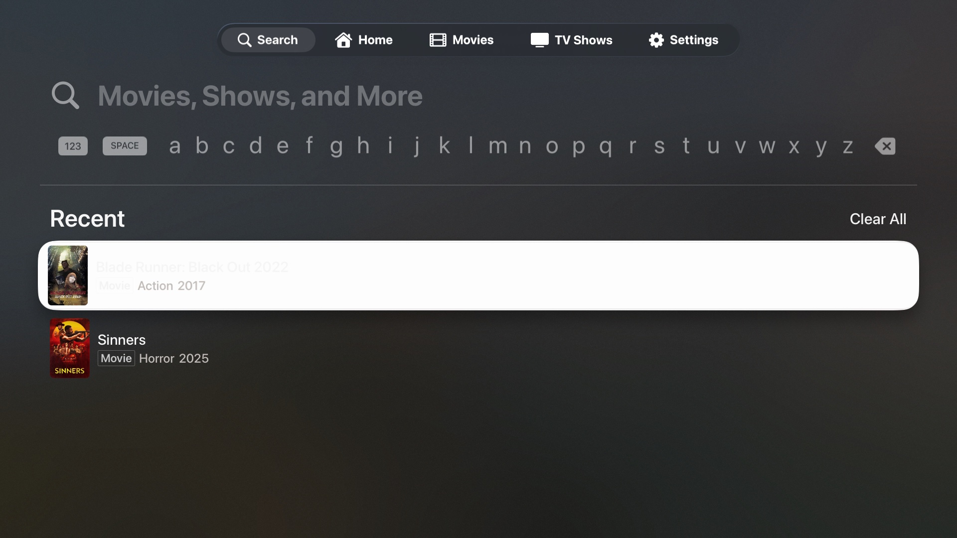 First build — search screen with on-screen keyboard and recent results