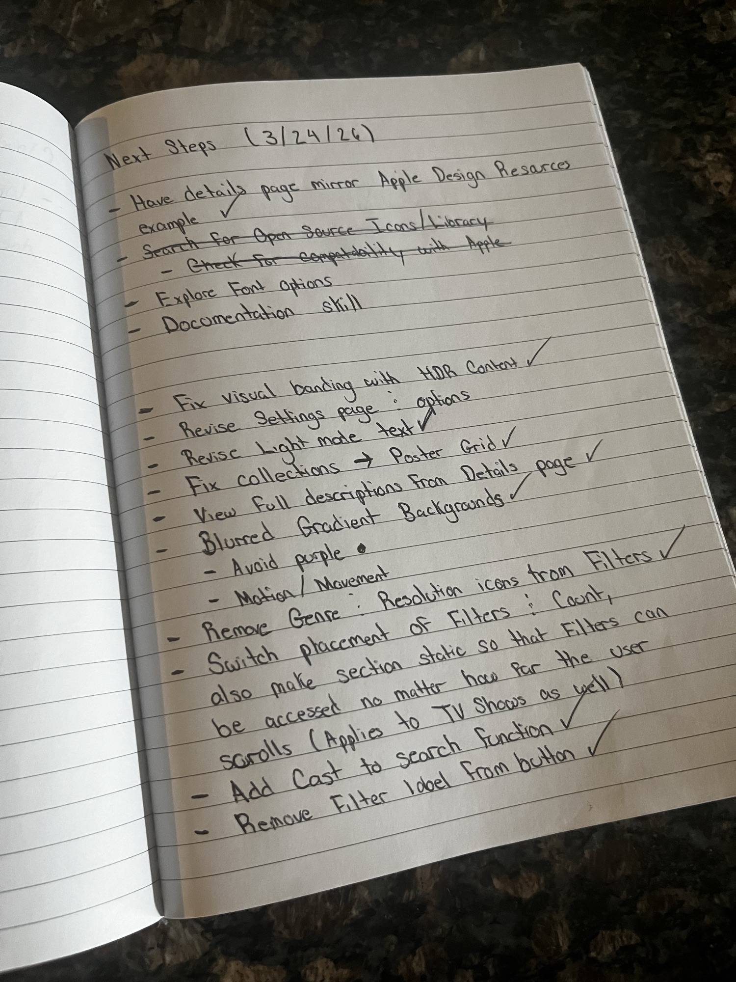 Handwritten 'Next Steps' list dated 3/24/26 with feature and design fixes, many checked off
